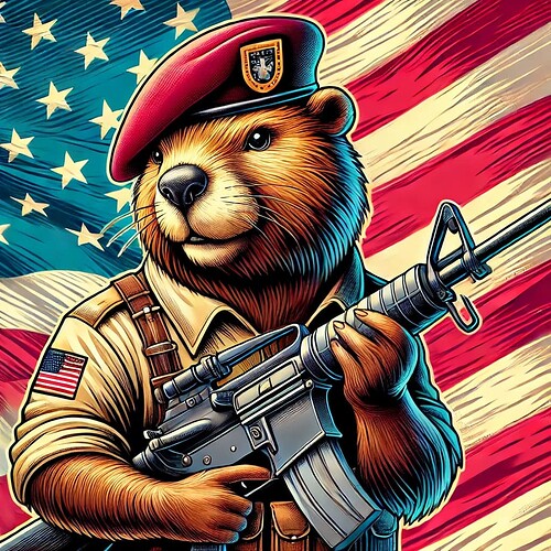 DALL·E 2024-11-17 15.45.15 - A detailed illustration of a beaver wearing a beret, standing proudly in front of an American flag background. The beaver is anthropomorphic, holding