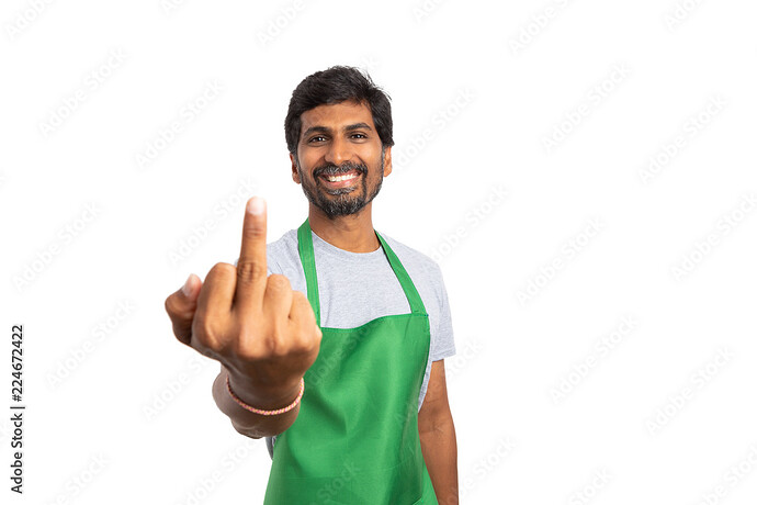 Supermarket employee holding middle finger up. Stock Photo | Adobe Stock