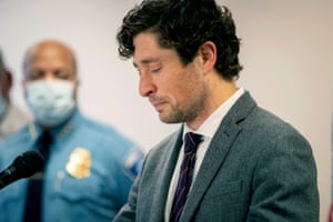Mayor Jacob Frey becomes emotional as he gives an update on damage from Minneapolis’ George Floyd protests.
